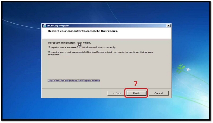 cliquez sur terminer pour redémarrer votre Windows 7