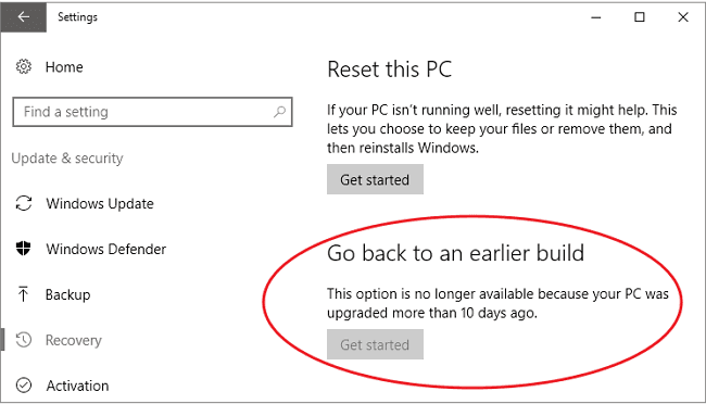 revenir à une version antérieure non disponible