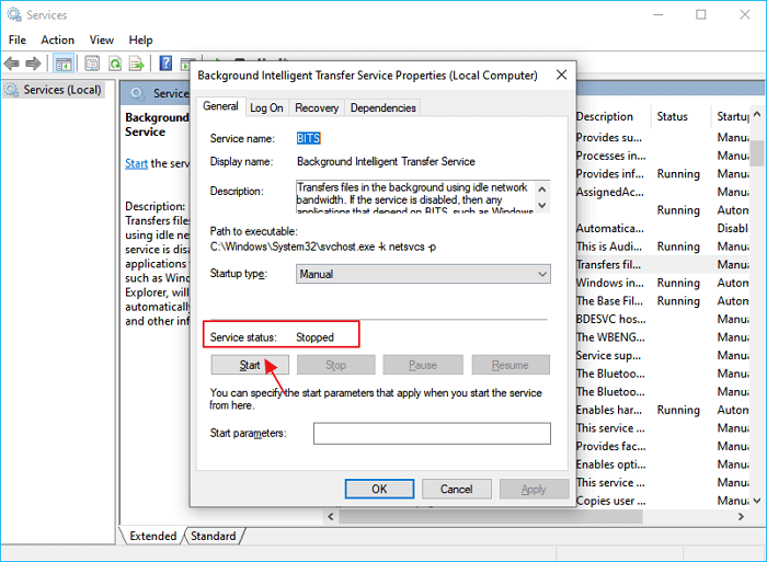 vérifiez que le service d'arrière-plan intelligent est en cours d'exécution