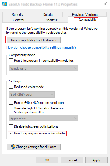 Exécuter en mode de compatibilité pour corriger votre erreur