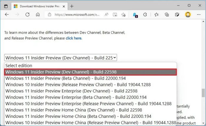 Sélection de l'édition récente du fichier Insider Preview de Windows 11
