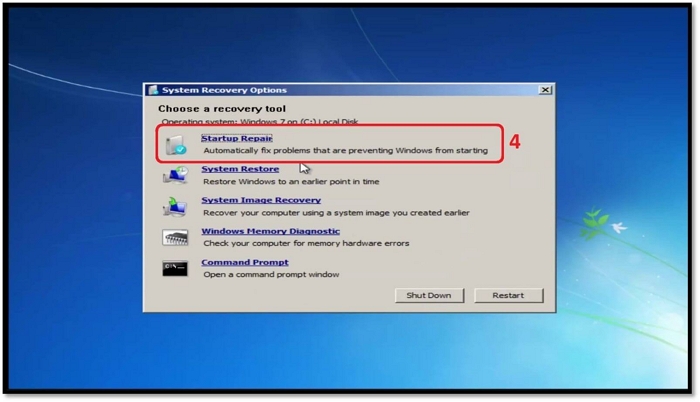 cliquez sur réparation au démarrage