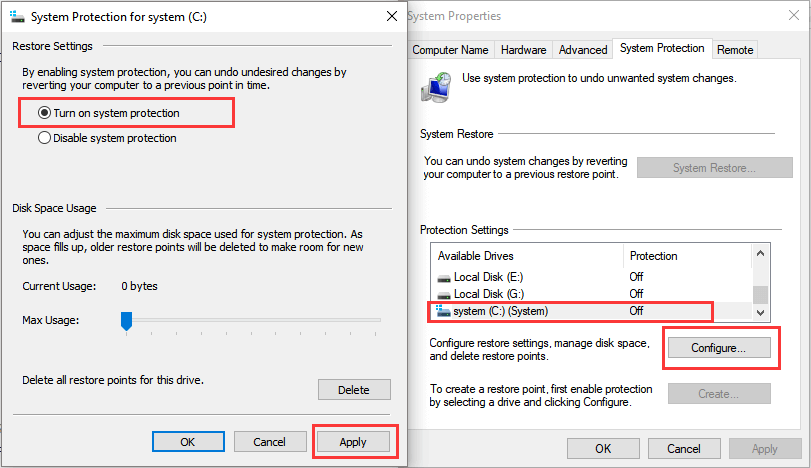 activer la fonction de restauration du système dans Windows 10