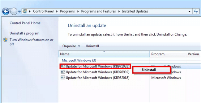 Désinstaller la mise à jour Windows 7 build 7601