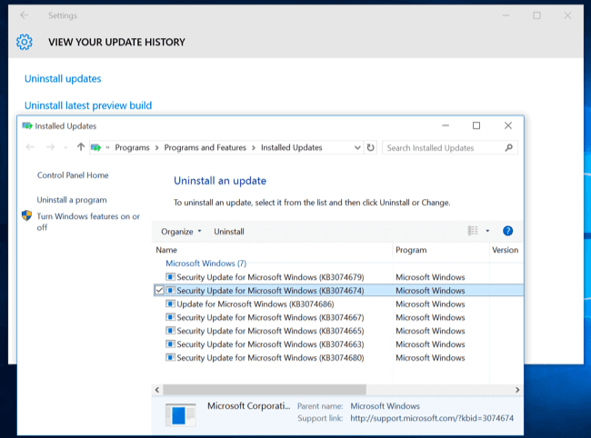 comment corriger Image incorrecte windows 10 - désinstaller la mise à jour