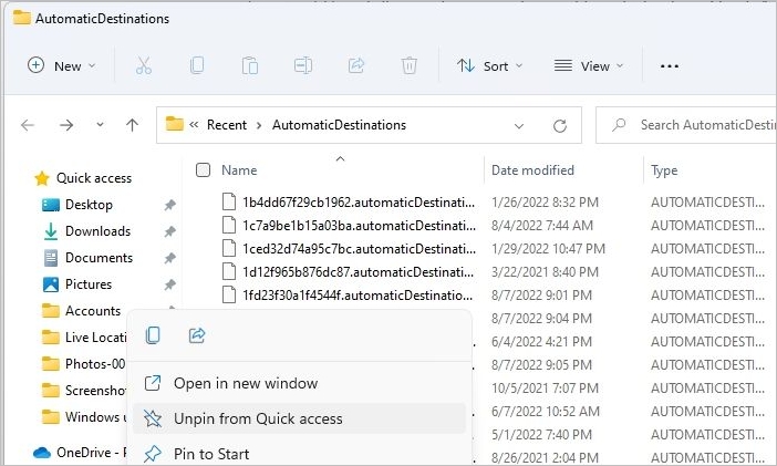 épingler à partir de l'accès rapide