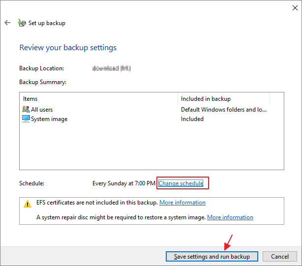 terminer les paramètres de sauvegarde