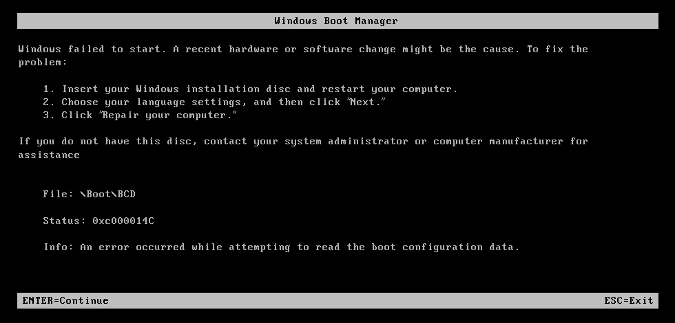 page d'erreur 'windows failed to boot