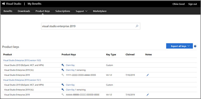 Réclamer la clé de produit dans l'abonnement Visual Studio