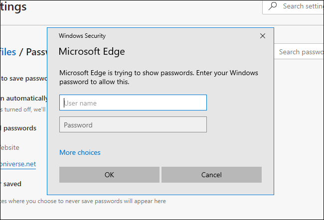 Saisir le mot de passe Windows pour afficher le mot de passe Edge