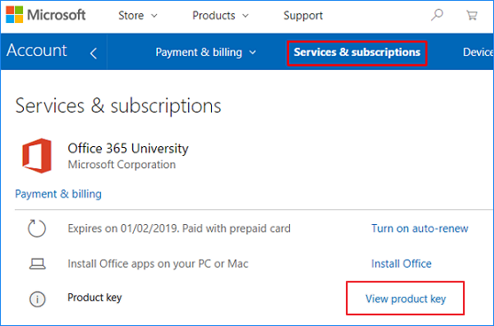 Afficher la clé de produit Office 365 à partir de la page de service de Microsoft