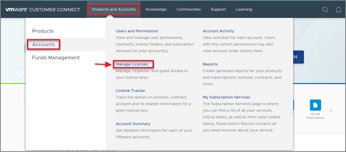 trouver la clé de licence vmware customer connect