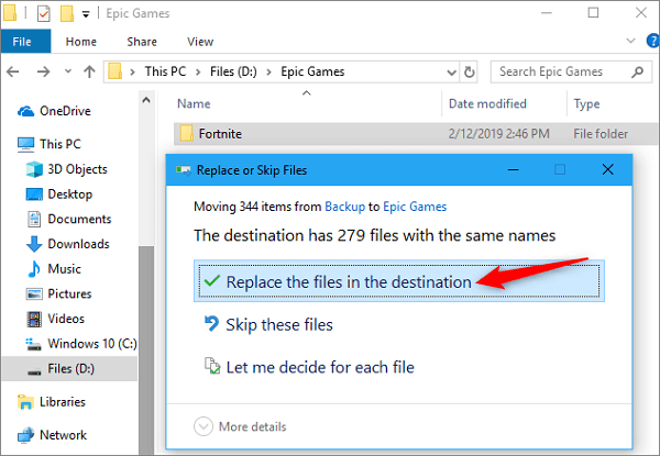 déplacer Fortnite dans un autre dossier