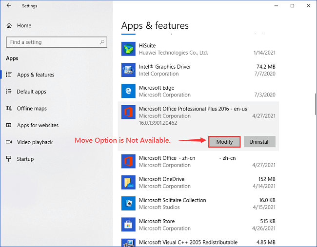 L'option Déplacer n'est pas disponible pour Office 