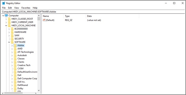 aller dans le registre et retrouver la clé adobe
