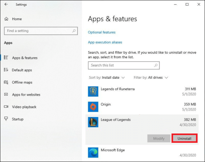 Paramètres Windows Désinstallation de LOL