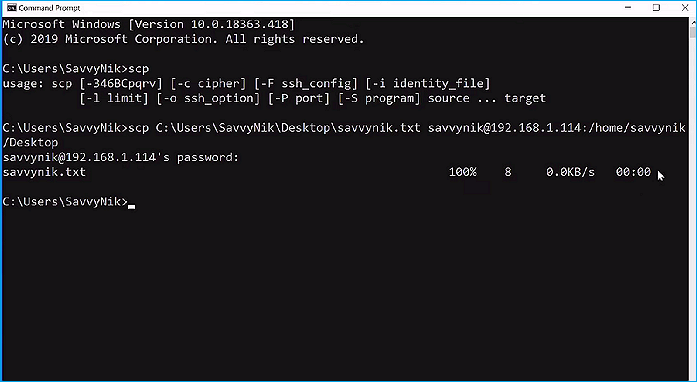 tapez la ligne de commande pour transférer entre deux systèmes distants