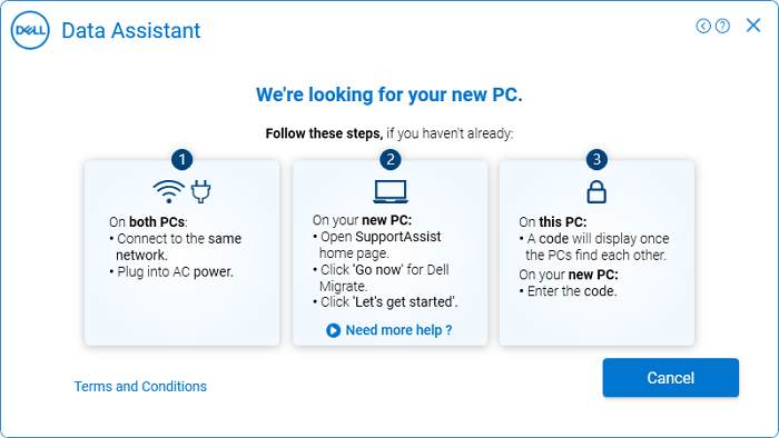 Connectez l'ancien PC au nouveau PC via Dell Migrate