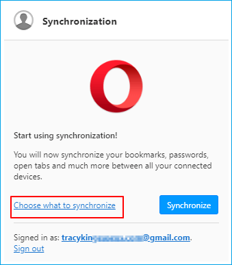 Sélectionnez les signets et autres paramètres souhaités à synchroniser sur Opera