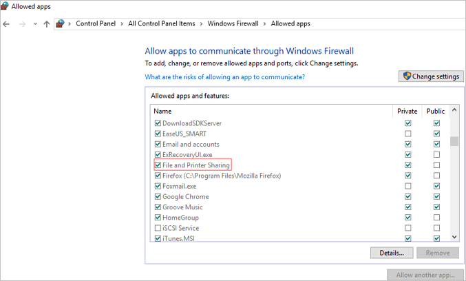 corrigez le problème de partage de fichiers sous Windows 10 - configurez le pare-feu