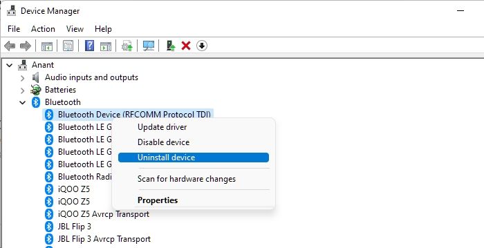 Désinstallation du dispositif Bluetooth