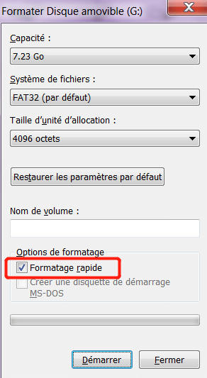 Sélection du système de fichiers souhaité pour formater la carte SD.