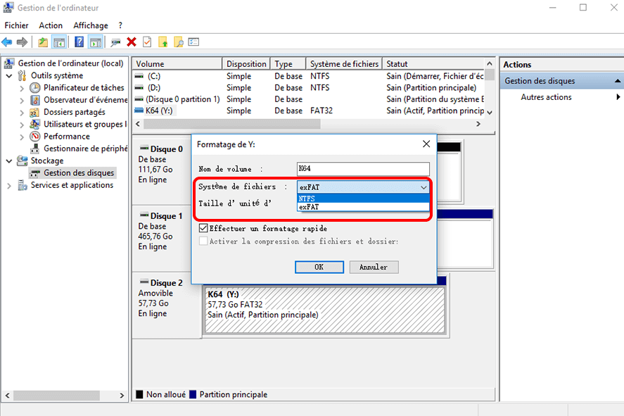 Formater la carte SD dans la gestion des disques