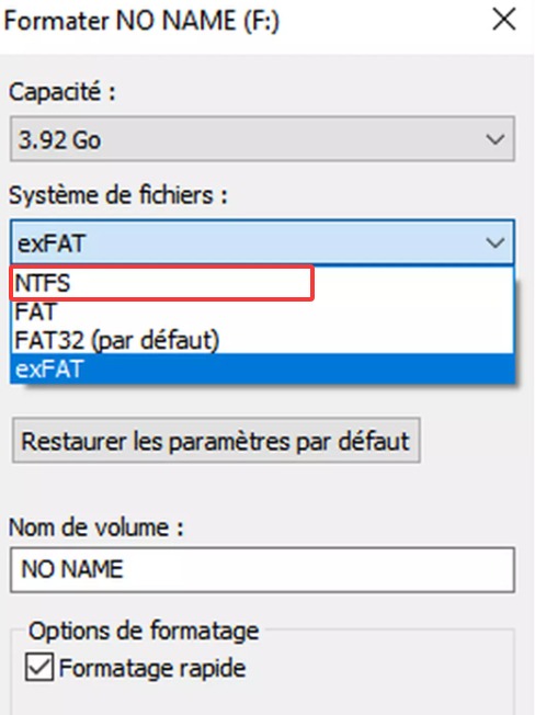 formater la clé USB en NTFS
