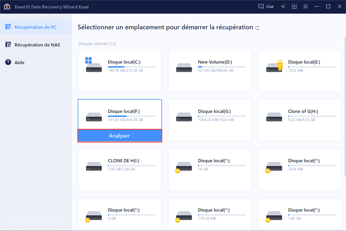 sélectionnez un emplacement et cliquez sur analyser