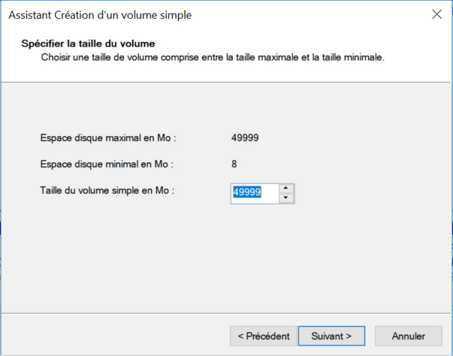 créer une partition par assistant de création d'un volume simple