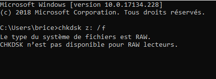 Le type de système de fichiers est RAW. Le CHKDSK n'est pas disponible pour les lecteurs RAW.