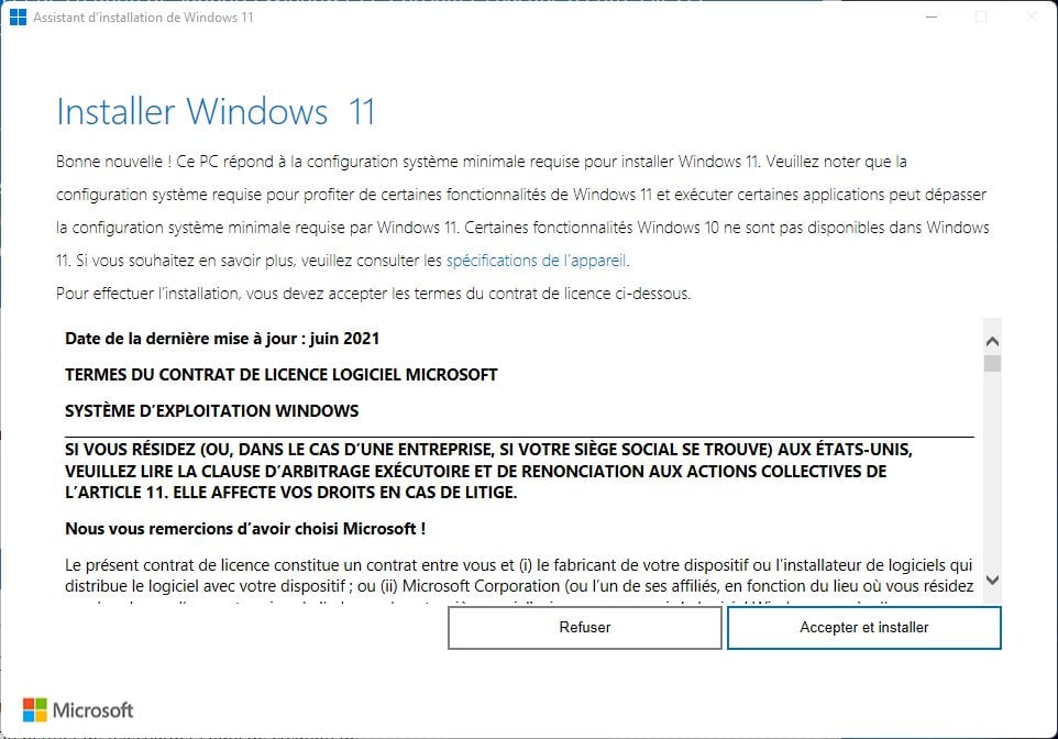 Accepter et installer win 11