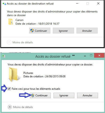 Vous devez disposer des droits d'administrateur pour copier ce fichier