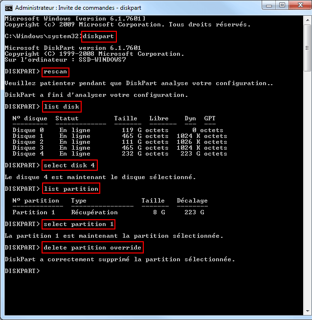 supprimer une partition windows 10 diskpart