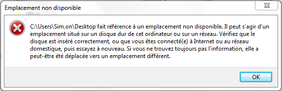 desktop fait référence à un emplacement non disponible