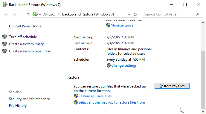 Restauration de fichiers à partir de Windows Backup