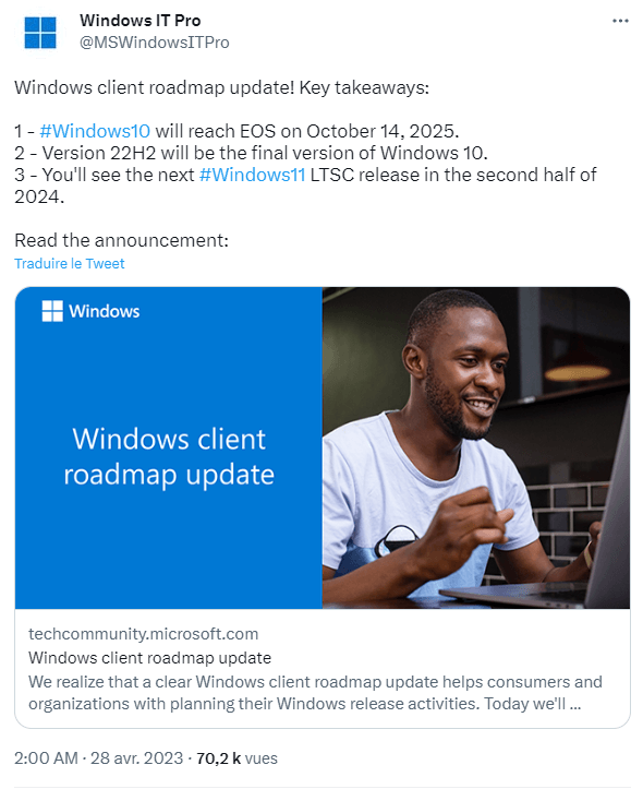Windows 10 22H2 sera la dernière version