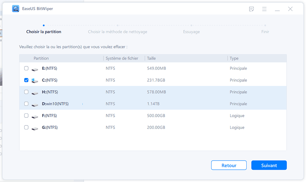Sélectionnez le lecteur système C pour effacer