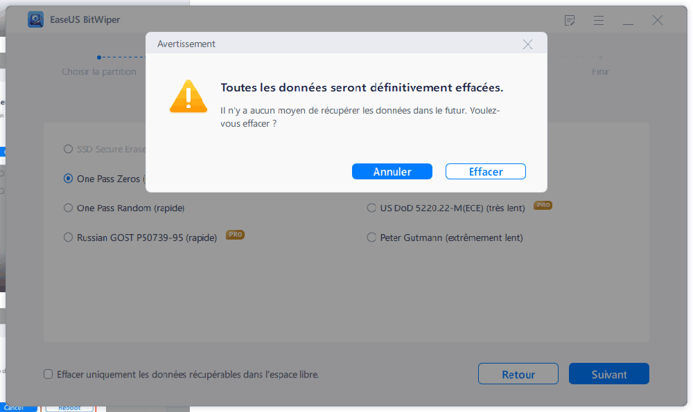 Confirmer pour effacer le lecteur système C