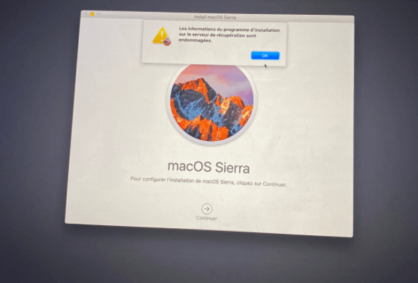 les informations du programme d'installation sur le serveur de récupération sont endommagées
