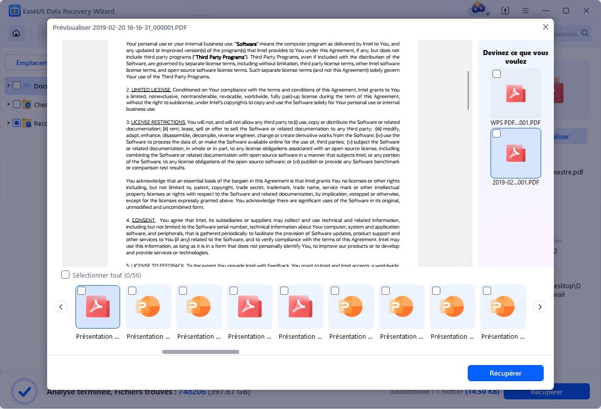 sélectionnez les fichiers PDF et cliquez sur récupérer