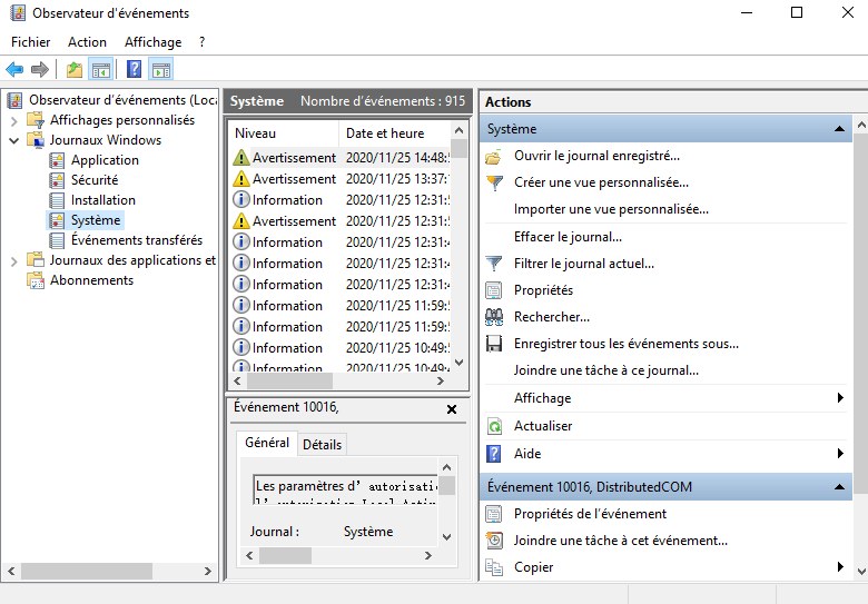 Vérifier le journal système dans l'Observateur d'événements