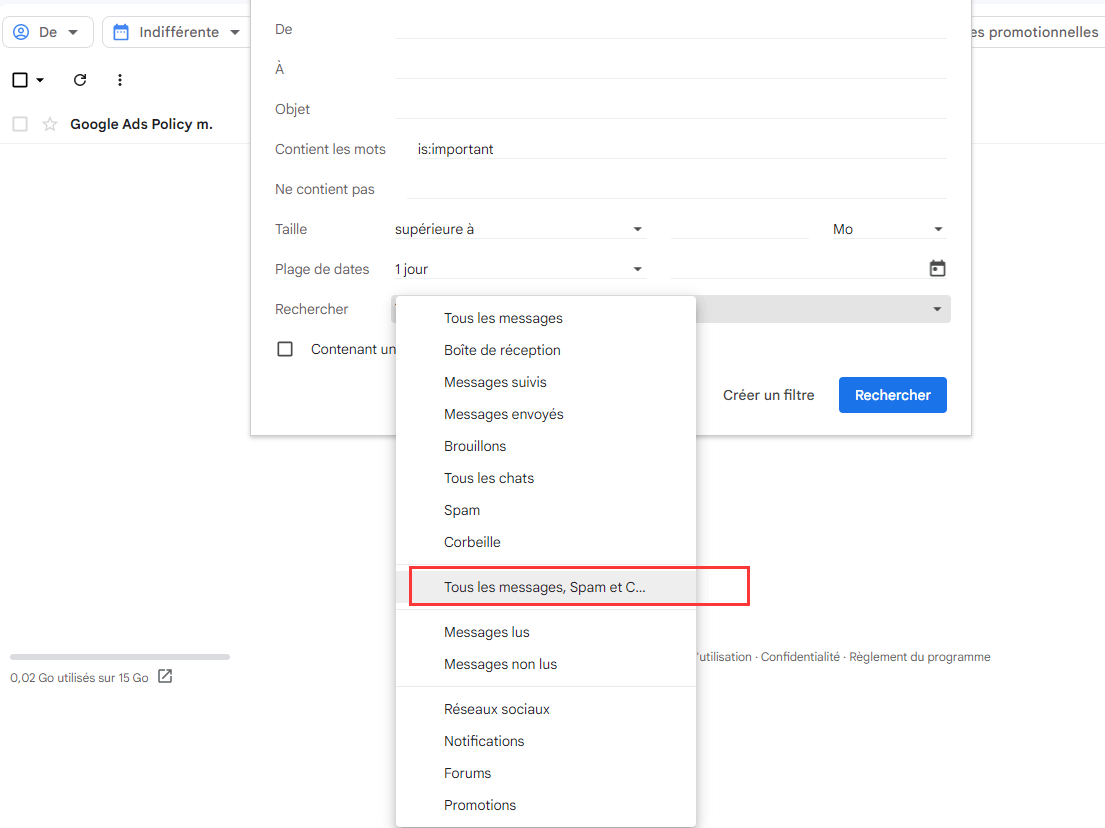 Trouvez les emails supprimés de Gmail.
