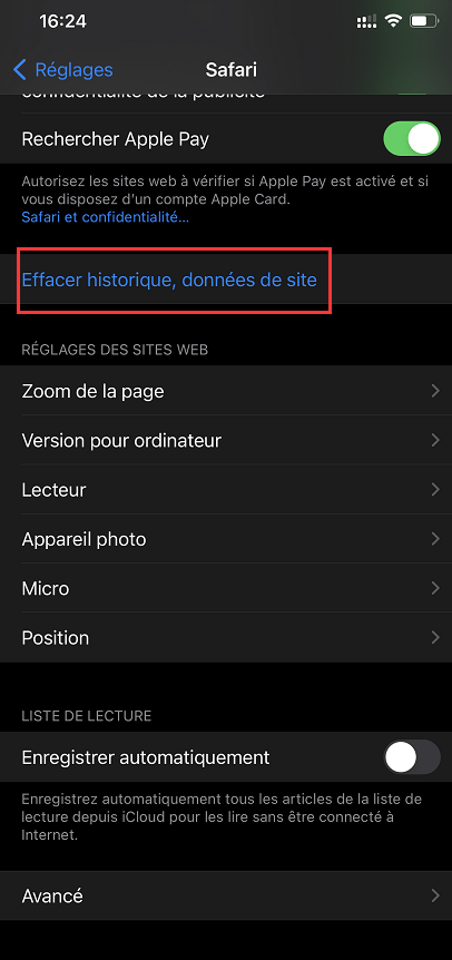 Supprimer les données de Safari