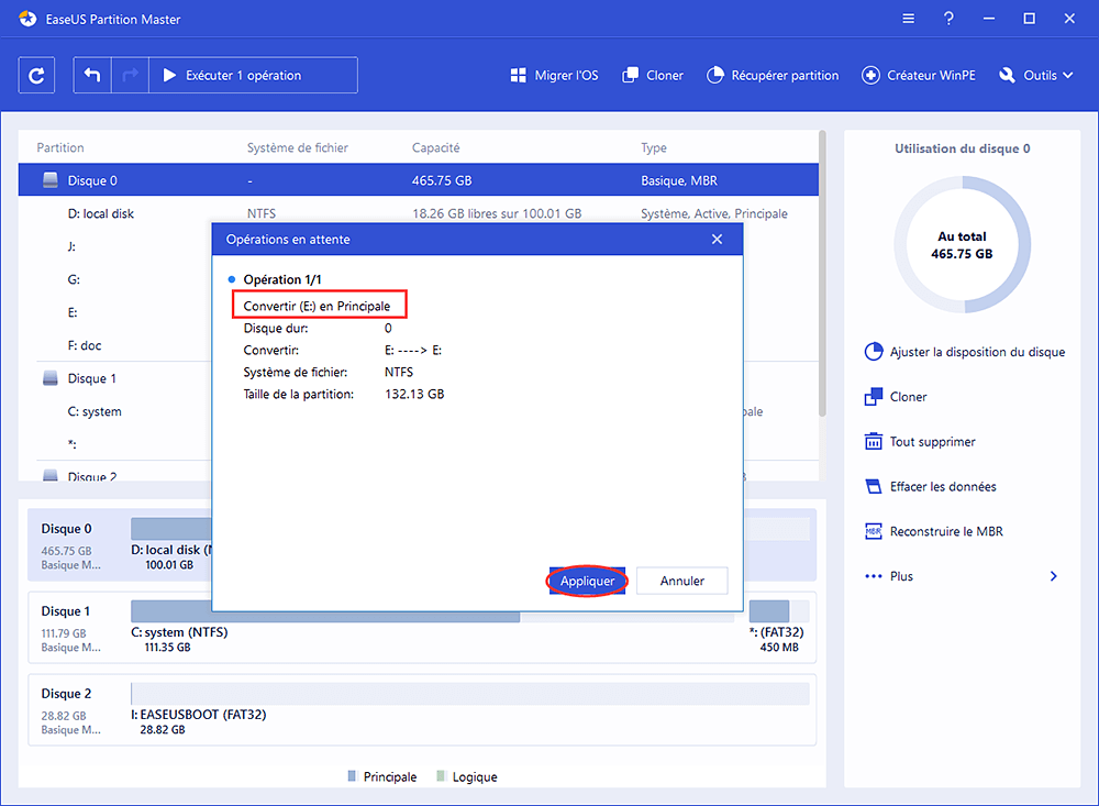 Convertir gratuitement la partition logique en partition primaire
