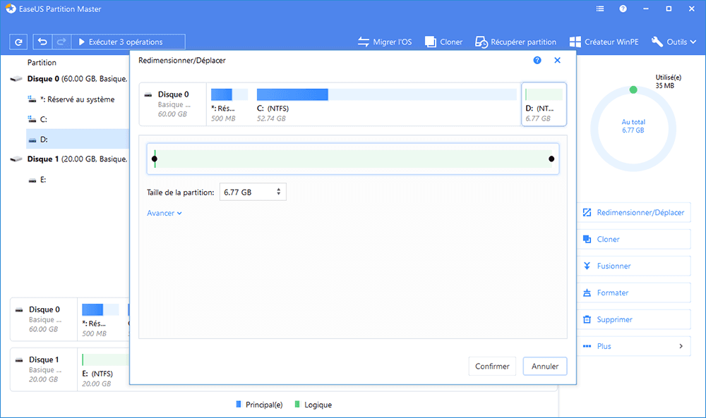 Utiliser la caractéristique 'Redimensionner/déplacer la partition' pour redimensionner vos partitions