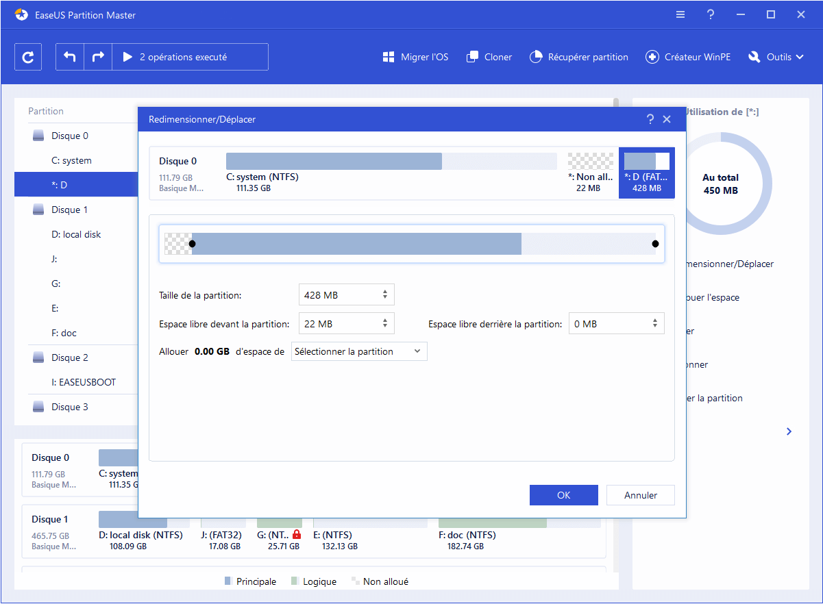 Utiliser la caractéristique 'Redimensionner/déplacer la partition' pour redimensionner vos partitions