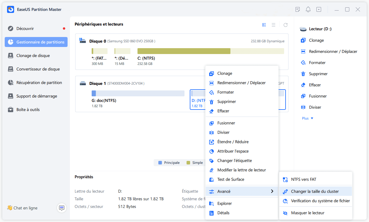 Cliquer avec le bouton droit de la souris pour changer la taille de la grappe