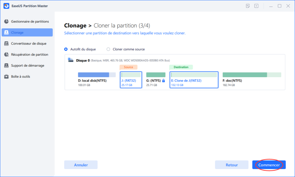 appliquer l'opération de clonage de partition