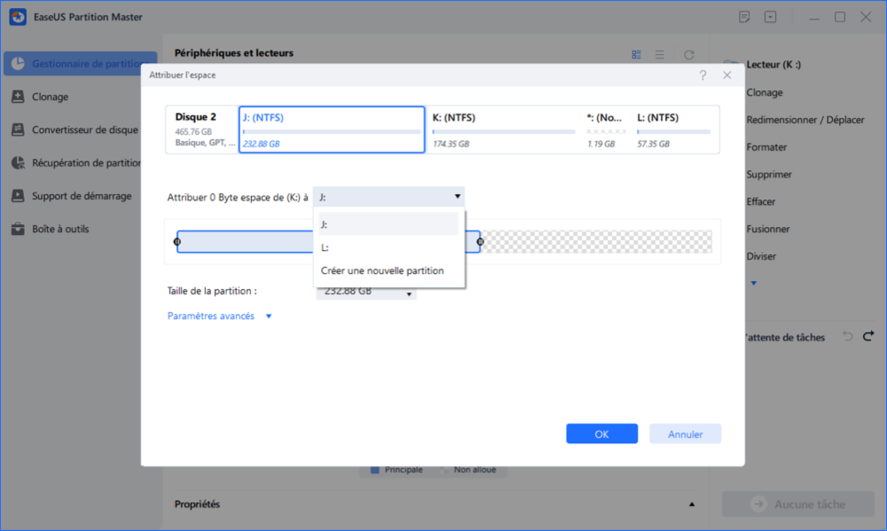 allouer l'espace depuis d'autre partition